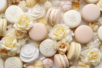Fototapete Macarons delicious wedding or bridal shower macarons pattern flat lay in ivory colors