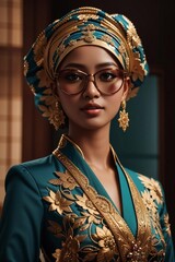 Fototapeta premium A woman wearing a stunning blue and gold outfit