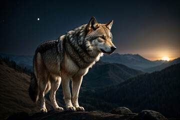 A majestic wolf standing atop a moonlit mountain