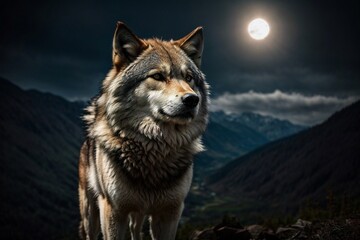 A majestic wolf standing on a mountain under the enchanting glow of a full moon