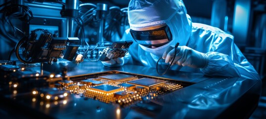 Scientist wearing full protection coat developing microchip at semiconductor factory laboratory. Generative AI technology.