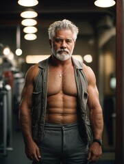 Fototapeta na wymiar A muscular man with a beard working out shirtless in a gym