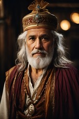 A bearded man wearing a crown