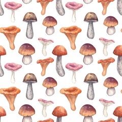 Seamless background with edible mushrooms. Podosinovik podberezovik chanterelle chanterelle boletus and cheesemushroom on white background. Design for fabric, packaging, cover.