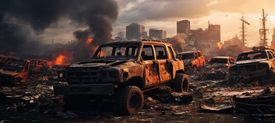 Burnt car on chaos city background. Generative AI technology.