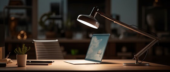 Laptop on wooden table in office. There are stationery and bookcase. Work in dark. Home office with computer and evening glow
