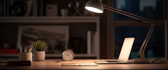 Laptop on wooden table in office. There are stationery and bookcase. Work in dark. Home office with computer and evening glow