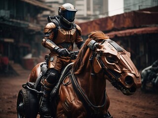 Fototapeta premium A man riding a brown horse