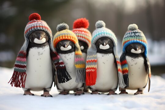 A group of adorable happy penguins dressed in knitted scarves and hats, funny winter illustration, Generative AI