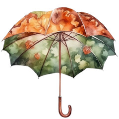 Fall orange and green umbrella with leaves, autumn watercolor fashion illustration isolated with a transparent background, clothes design graphic resource