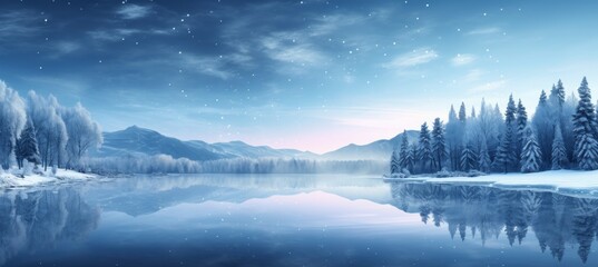 Winter lake and forest panoramic background. Generative AI technology.