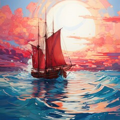 Scarlet sails drift in the calm blue ocean.