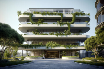 Green architecture real estate. Eco-friendly future housing and business concept art. Generative AI.
