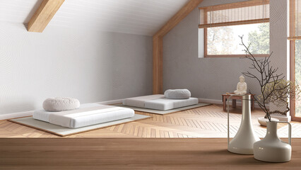 Wooden table top or shelf with minimalistic modern vases over zen meditation room with paper door, resin floor, minimalist architecture interior design