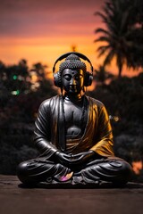 A Buddha statue wearing headphones