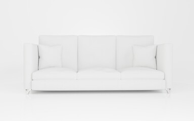 3 seat sofa. Rough white fabric cover with 2 pillows stainless steel curve leg. Realistic 3d rendering home furniture white scene studio.