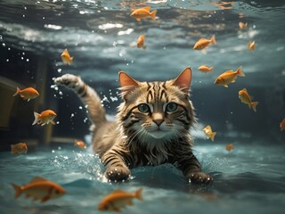 A playful cat swimming with fish in the water