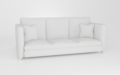 3 seat sofa. Rough white fabric cover with 2 pillows stainless steel curve leg. Realistic 3d rendering home furniture white scene studio.