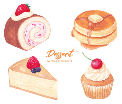 Sweet cakes and desserts watercolor hand painting