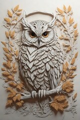 A white owl, its piercing yellow eyes staring into the camera, perches on a tree branch, its soft white feathers blending in with the autumn leaves