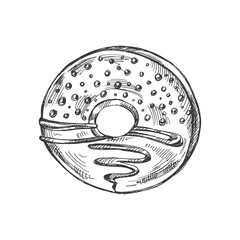 A hand-drawn sketch of donut. Vintage illustration.  Pastry sweets, dessert. Element for the design of labels, packaging and postcards.