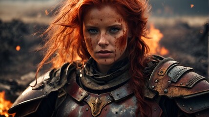 A fierce red-haired woman in armor standing defiantly in front of a roaring fire