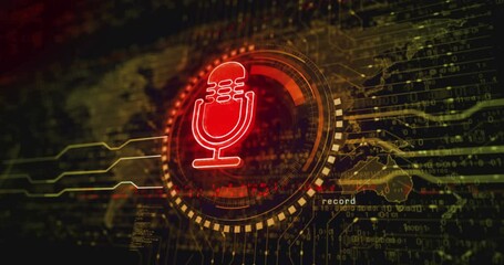 Microphone podcast online and on air record live broadcast symbol abstract digital concept. Global network and cyber technology background seamless and looped 3d animation.