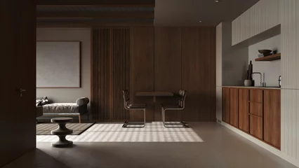 Fotobehang Dark late evening scene, wooden japandi kitchen, dining and living room with resin floor and beams ceilings. Sofa and table with chairs. Minimalist interior design © ArchiVIZ