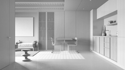 Total white project draft, wooden japandi kitchen, dining and living room with resin floor and beams ceilings. Sofa and table with chairs. Minimalist interior design