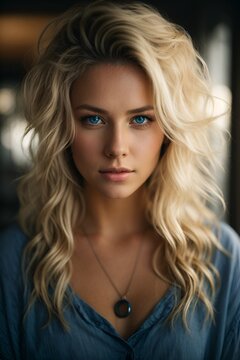 A woman with blonde hair and blue eyes