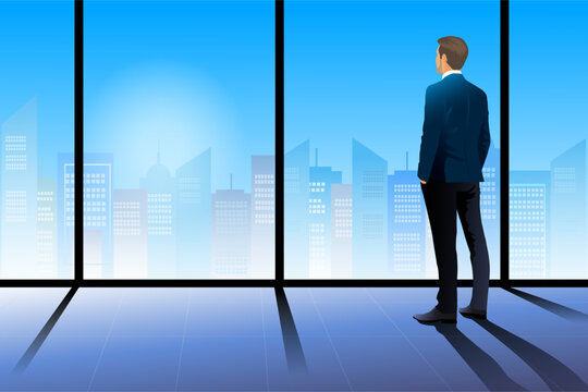 Back view Businessman standing and looking forward outside at modern office .