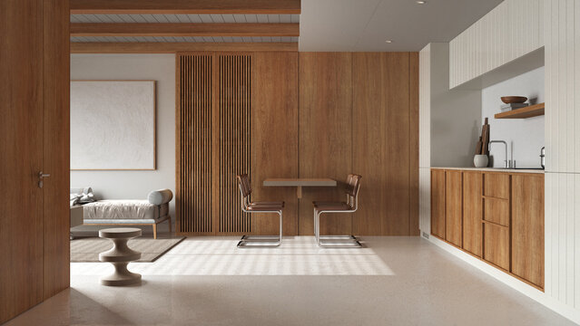 Wooden japandi kitchen, dining and living room in white and beige tones with resin floor and beams ceilings. Sofa and table with chairs. Minimalist interior design