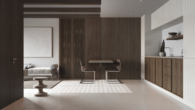 Dark wooden japandi kitchen, dining and living room in white and beige tones with resin floor and beams ceilings. Sofa and table with chairs. Minimalist interior design