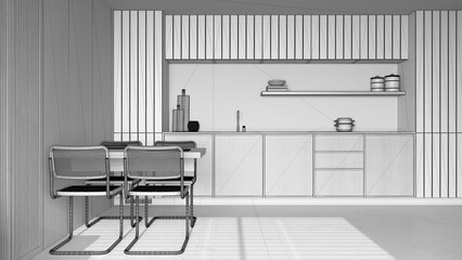 Blueprint unfinished project draft, minimal wooden kitchen and dining room. Resin floor, front...