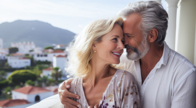 Affectionate mature couple flirting on a balcony. Generative AI.