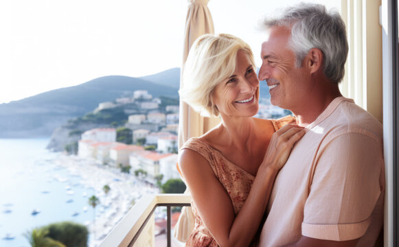 Affectionate mature couple flirting on a balcony. Generative AI.