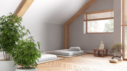 Zen interior with potted bamboo plant, natural interior design concept, meditation room with paper doors, carpet, poufs and decors, interior design idea