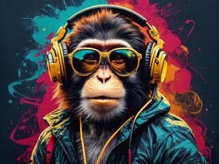 A monkey wearing stylish headphones and sunglasses