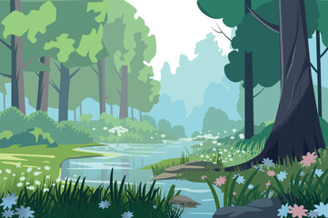 Background spring forest. A vibrant illustration capturing the beauty of a spring forest with a captivating green flower background. Vector illustration.