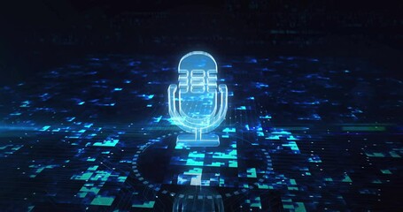 Microphone podcast online and on air record live broadcast hologram symbol appears on a digital background. Network, cyber technology and computer abstract concept 3d animation. - Powered by Adobe