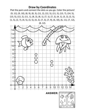 Coordinate graphing, or draw by coordinates, with anchor hidden picture and coloring page. Answer included.
