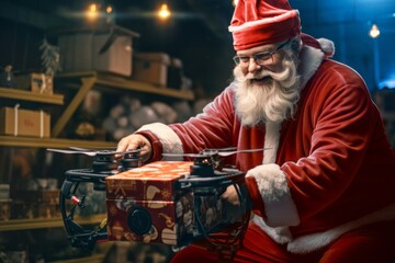 Santa claus with christmas gifts. Santa delivers presents using a flying drone