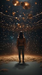 Obraz premium A person standing in front of a string of lights