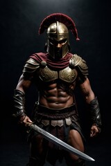 A man dressed in gladiator costume holding a sword in a dramatic pose - obrazy, fototapety, plakaty