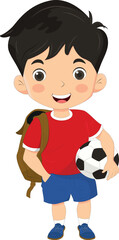 A boy with a soccer ball and a backpack. Boy soccer player. Schoolboy
