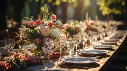 Floral arrangement at wedding reception, white flowers, long table, silverware, sunny day, perfect lighting, masterpiece, best quality