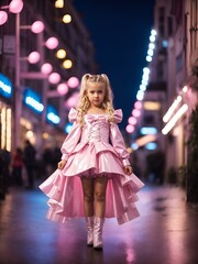 A young girl wearing a pink dress walking along a colorful street