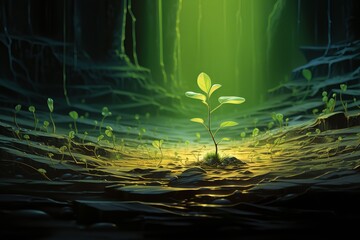 Tiny Green Sprout. Nature's Promise on Ground Background. Captivating Growth and Vitality. Emerging Life Amidst Earth's Canvas. Generative Ai