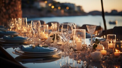 Obraz premium A very elegant wedding table by the sea with lots of small lights, featuring a rectangular table with a white tablecloth, surrounded by transparent chairs.