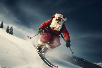 Santa Claus skiing, jumping during a winter snowy day ahead of the celebration of Christmas
